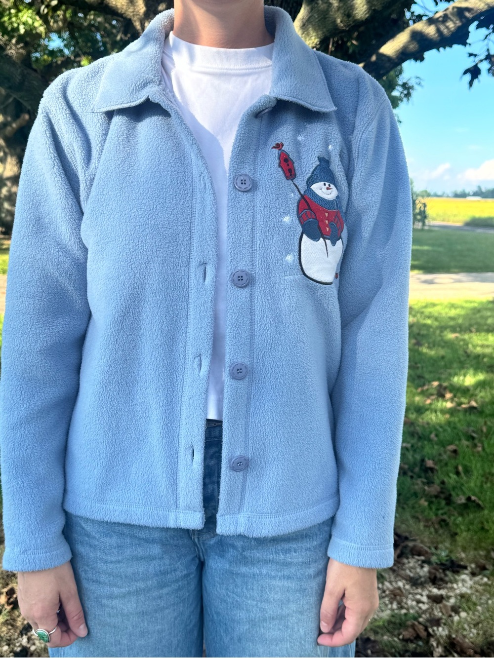 Christopher & Banks Light Blue Fleece Button-Up Sweatshirt with Snowman Patch